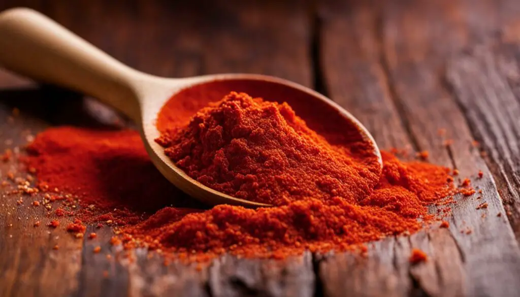 Crushed paprika in a wooden spoon