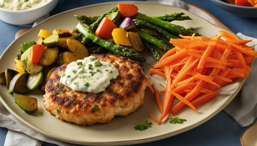 Homemade salmon patties with creamy coleslaw and roasted vegetables