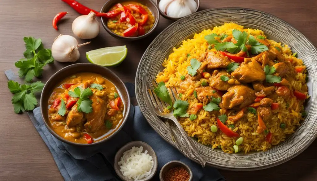 Indian chicken curry with fried rice