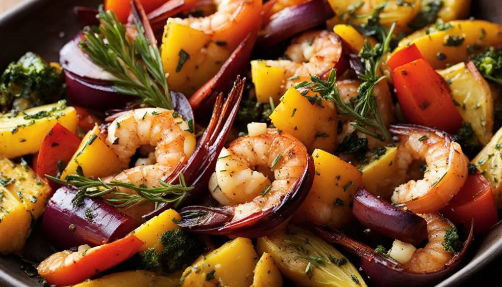 Roasted vegetables as a side dish for garlic butter shrimp