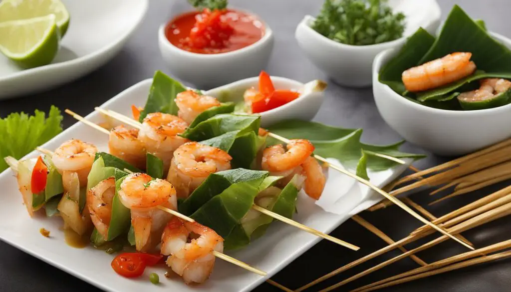 Shrimp skewers and spring rolls on a platter