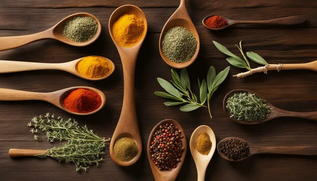 Spices and herbs on a wooden spoon, including thyme