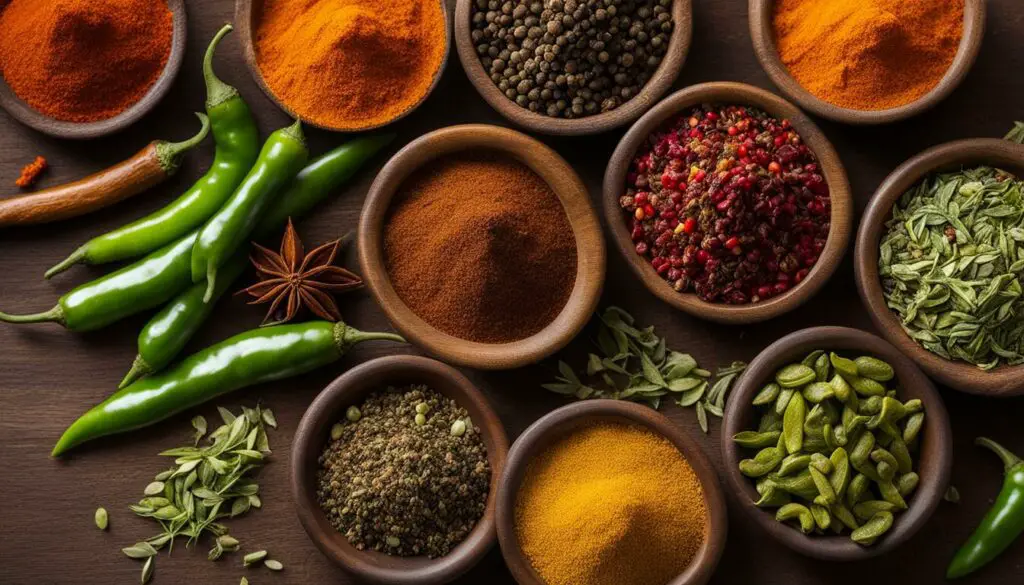 Spices and herbs with cumin, coriander and chili peppers