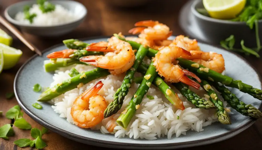 fried shrimp with lime rice and asparagus