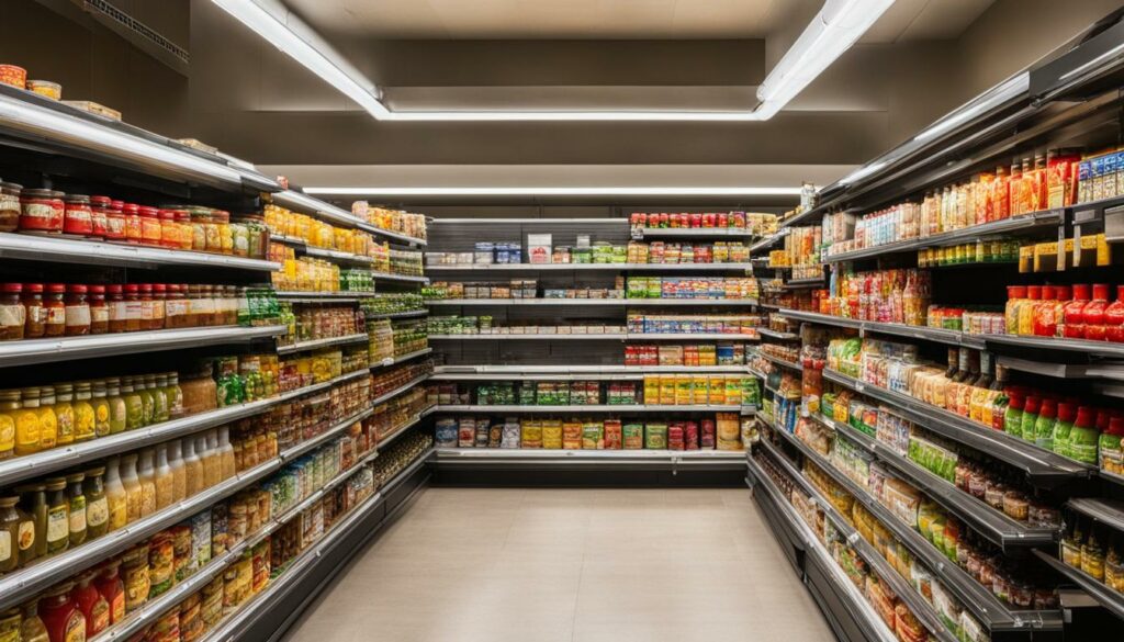 grocery store aisle with condiments and sauces