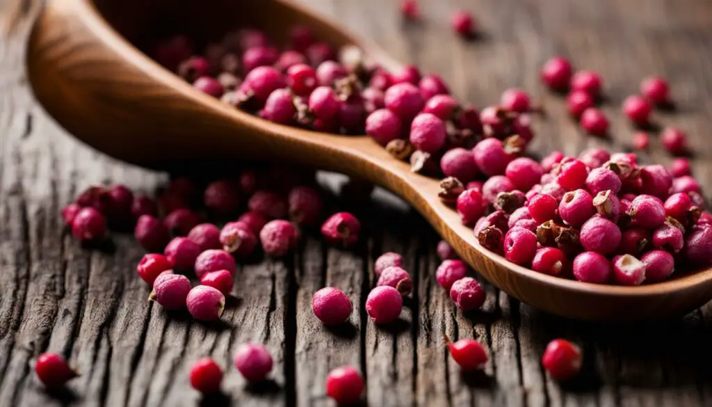 pink peppercorns on a wooden spoon