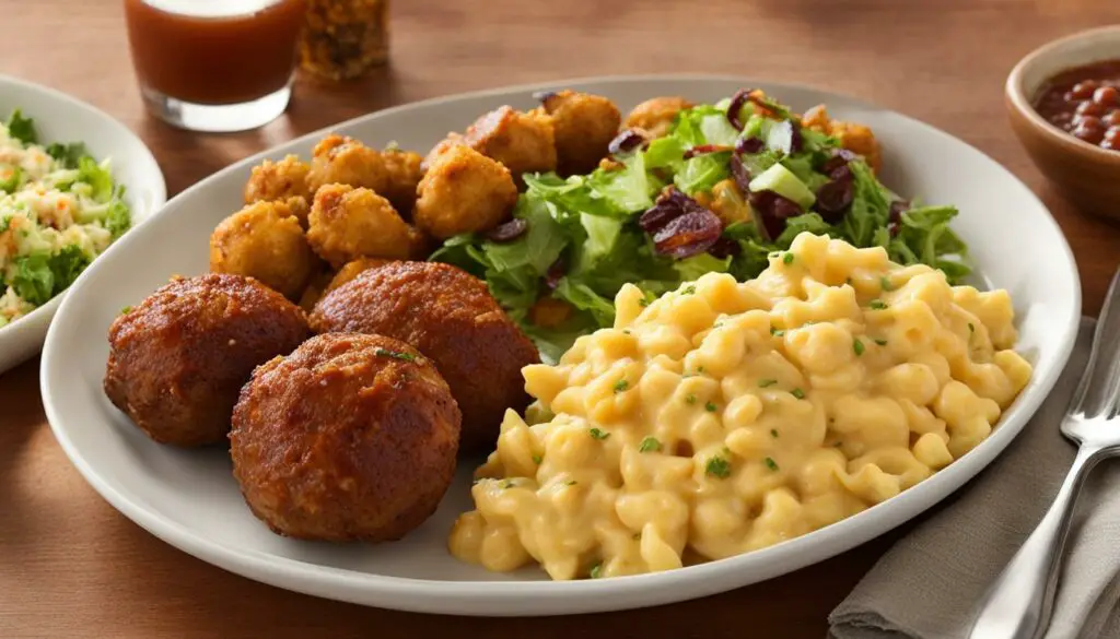 sausage balls with green salad, mac and cheese, jalapeno poppers, coleslaw, and baked beans