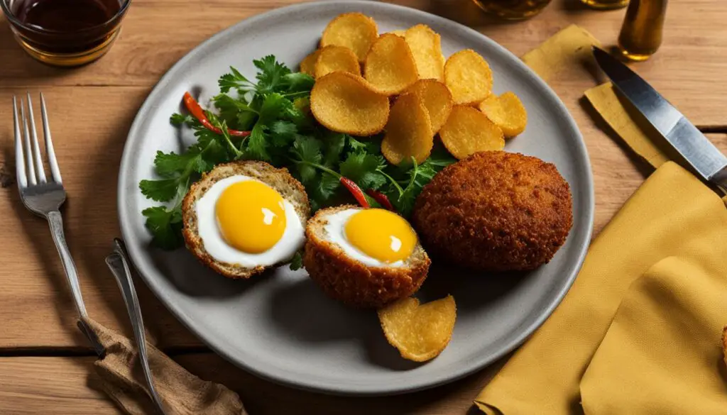 serving scotch eggs with chips