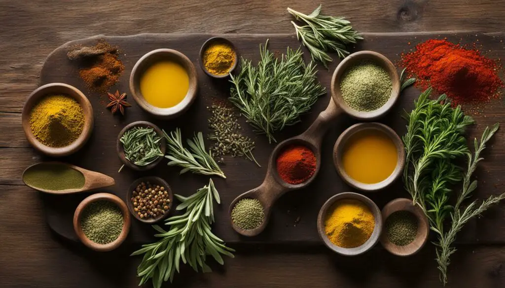 spices and herbs on a wooden board