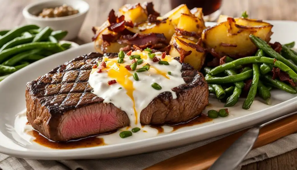 steak with loaded baked potato and green beans
