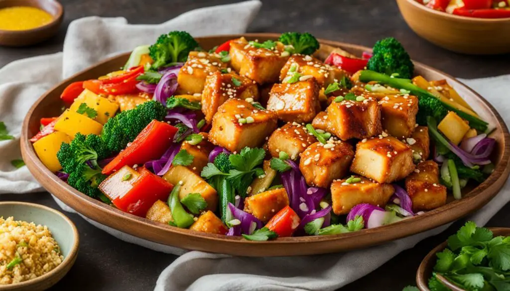 sweet and sour chicken with crispy sesame tofu