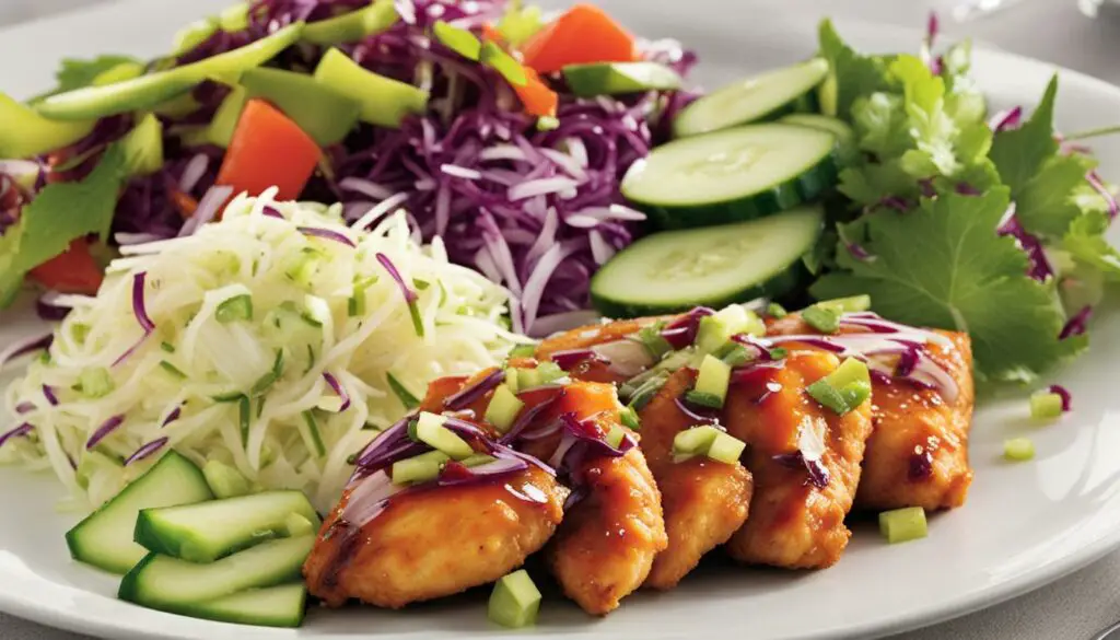 sweet and sour chicken with cucumber salad and napa slaw
