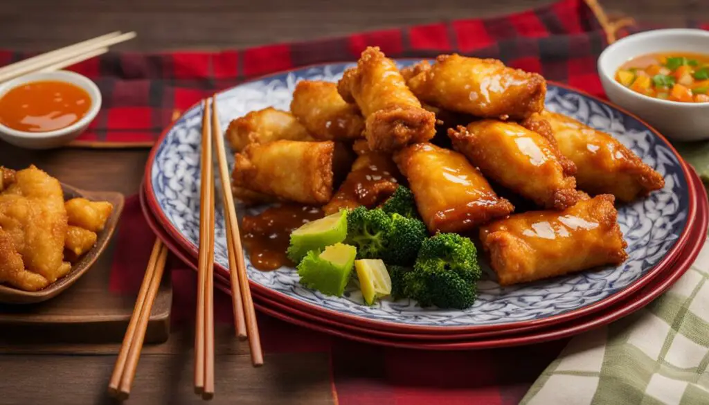 sweet and sour chicken with egg rolls