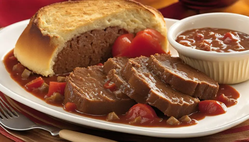 swiss steak dinner with bread and rolls