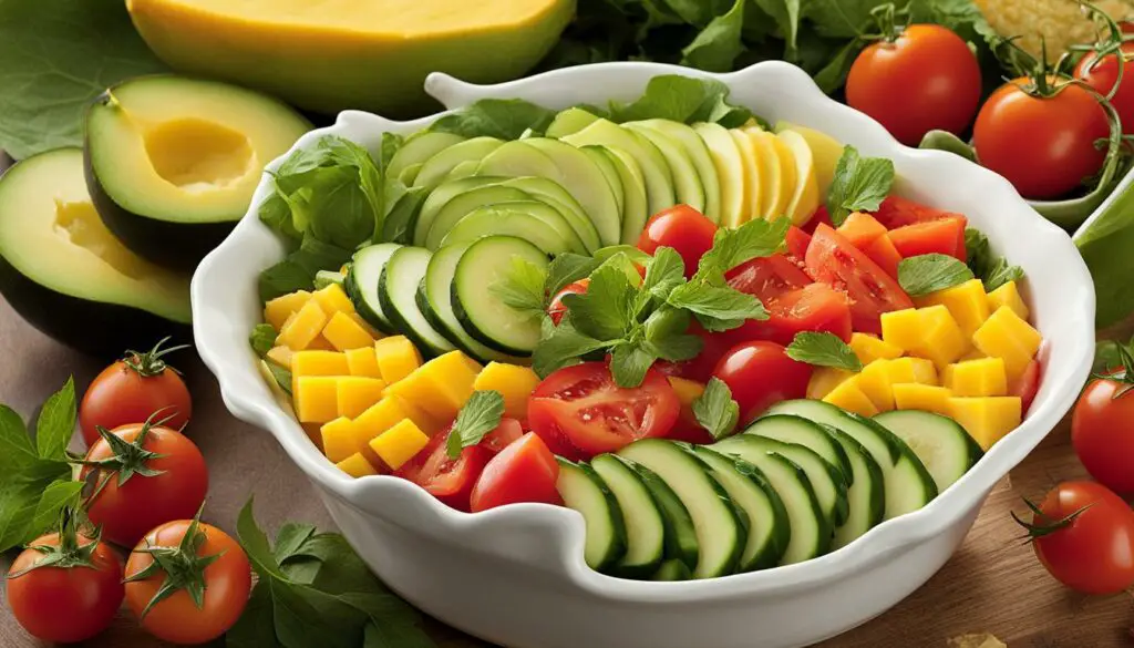 tossed green salad with honey Dijon dressing, cucumber mango salad with soy-lemon dressing, tomato gazpacho