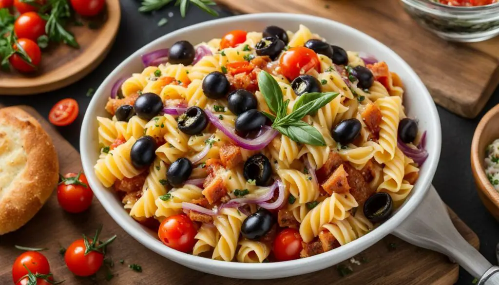 Italian pasta salad with ham and cheese sliders