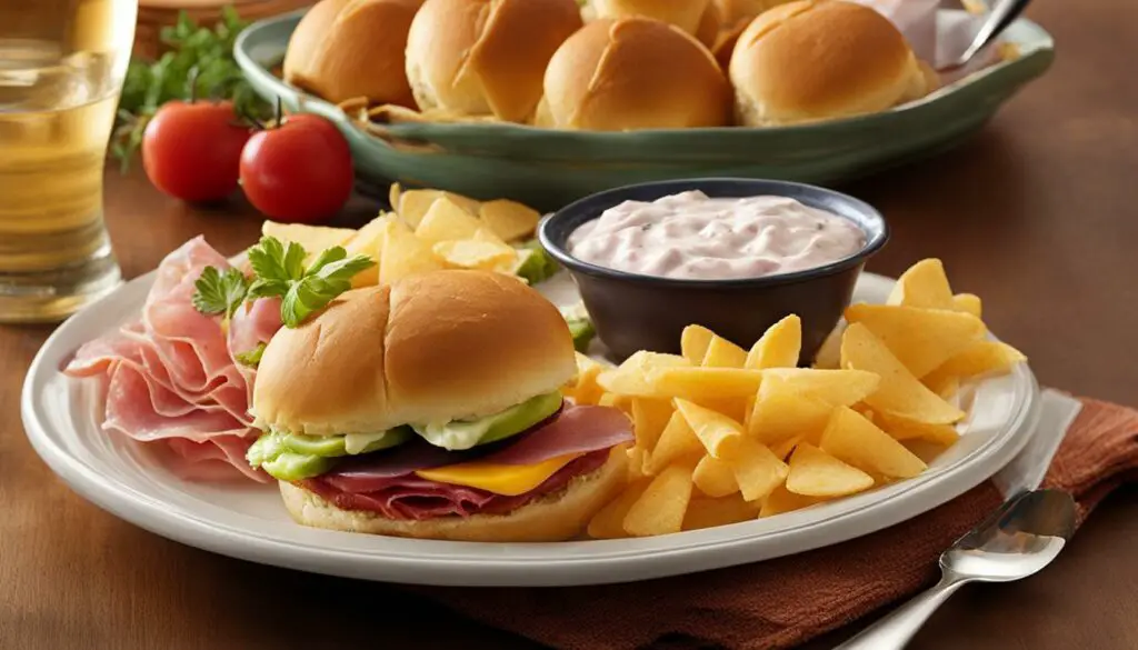 chips and dips with ham and cheese sliders
