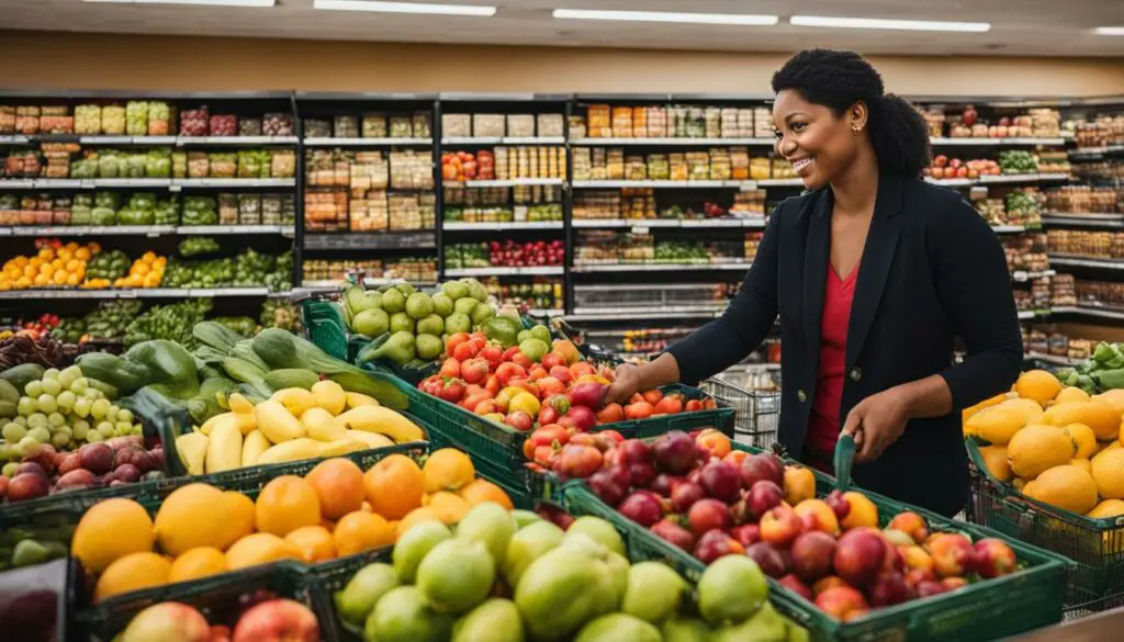 grocery clerk assisting customer with purchasing decisions