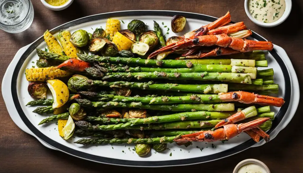 roasted asparagus, crispy brussels sprouts, grilled vegetables for crab leg dinner