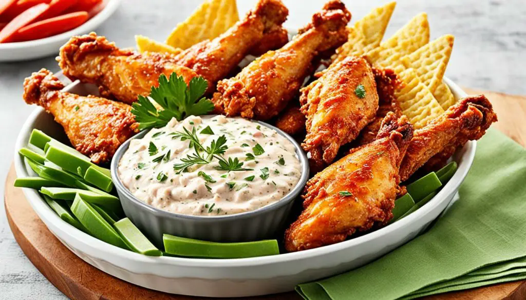 chicken wings and crab dip