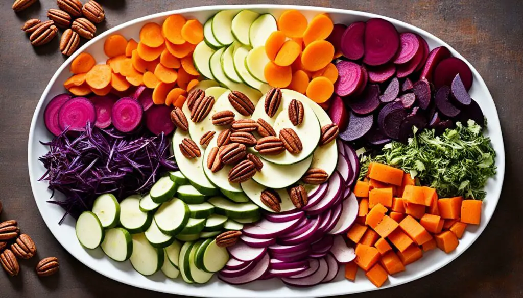 rainbow root vegetables with spicy pecans